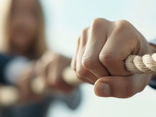 A close-up of hands gripping a rope in a tug-of-war activity, emphasizing teamwork and determination. The image perfectly captures the essence of cooperation.