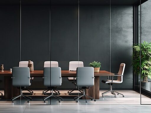 Front view of empty modern conference room with office table and chairs with dark cement wall in glass room, Generative AI